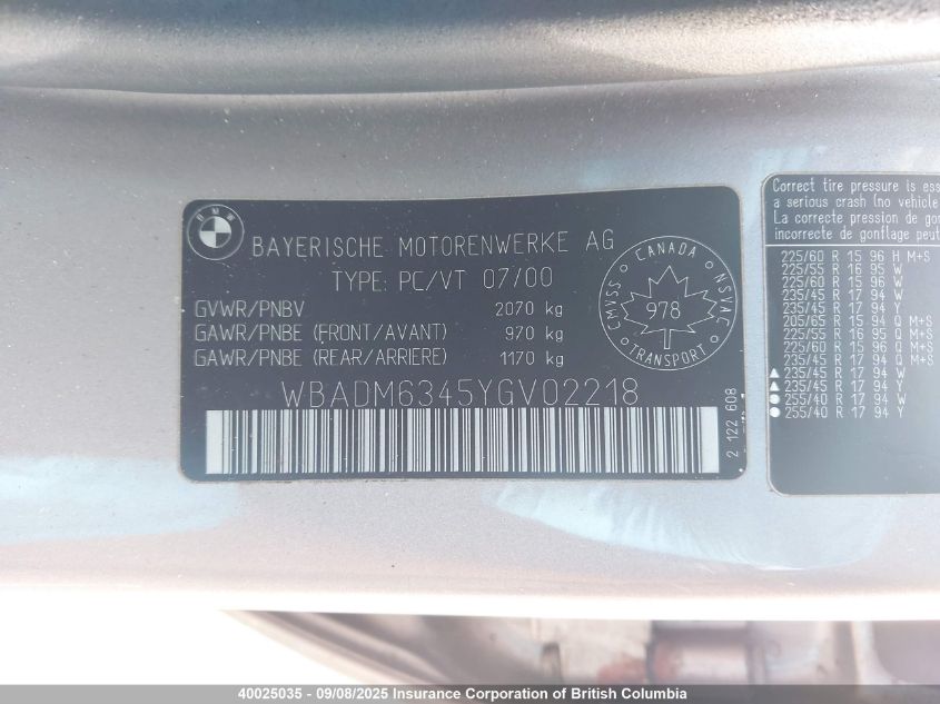 2000 BMW 528I VIN: WBADM6345YGV02218 Lot: 40025035