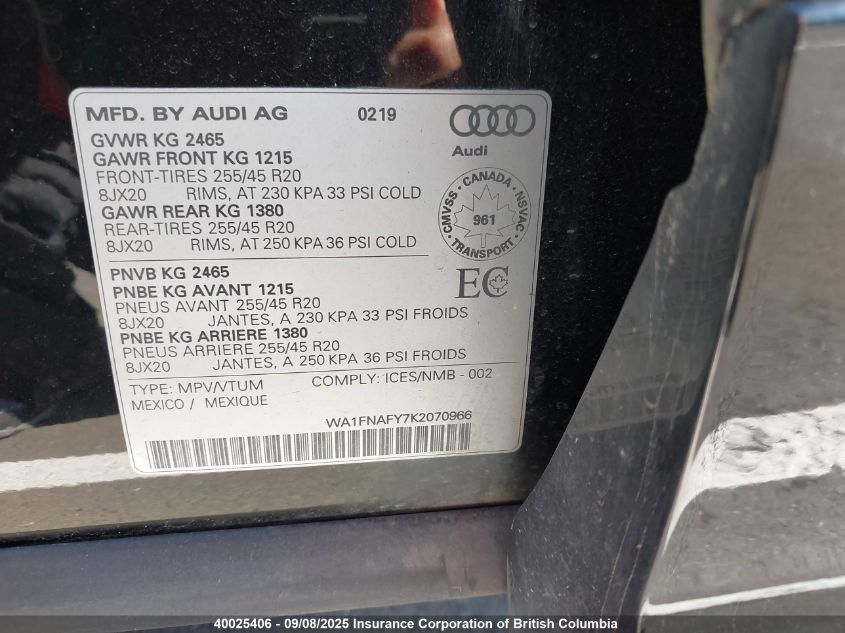 2019 Audi Q5 VIN: WA1FNAFY7K2070966 Lot: 40025406