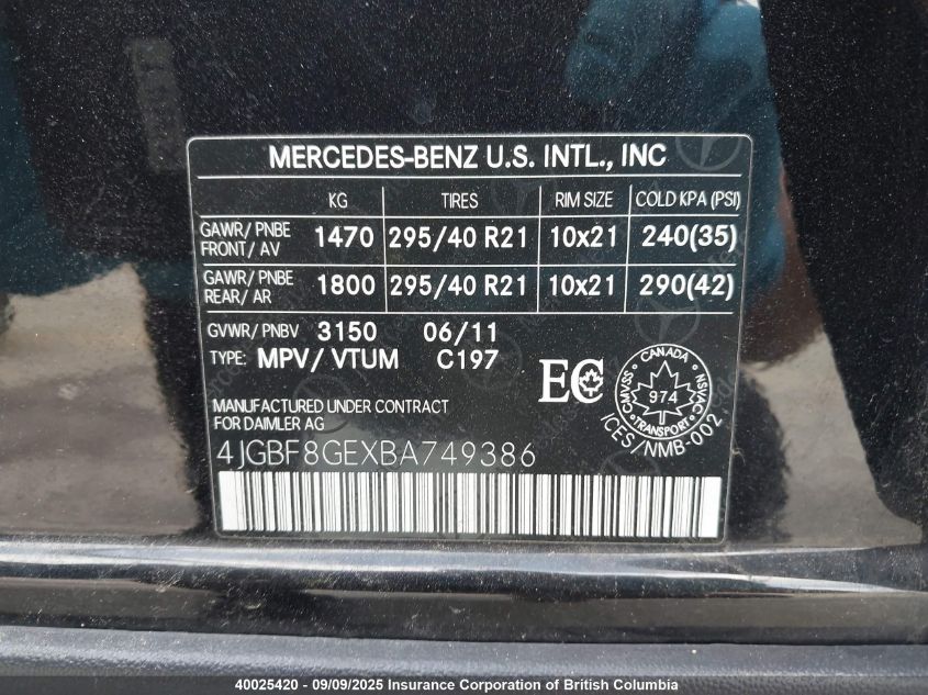 2011 Mercedes-Benz Gl 550 4Matic VIN: 4JGBF8GEXBA749386 Lot: 40025420
