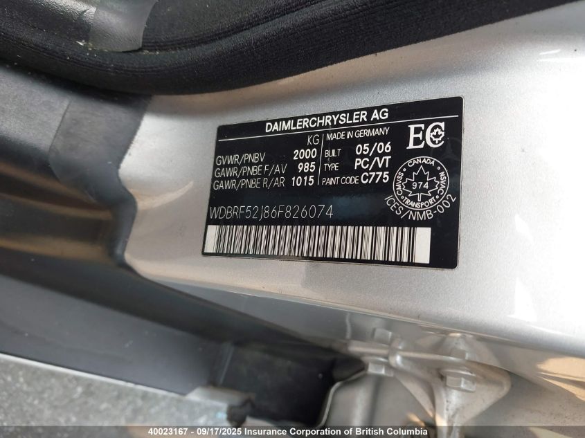 2006 Mercedes-Benz C 230 VIN: WDBRF52J86F826074 Lot: 40023167