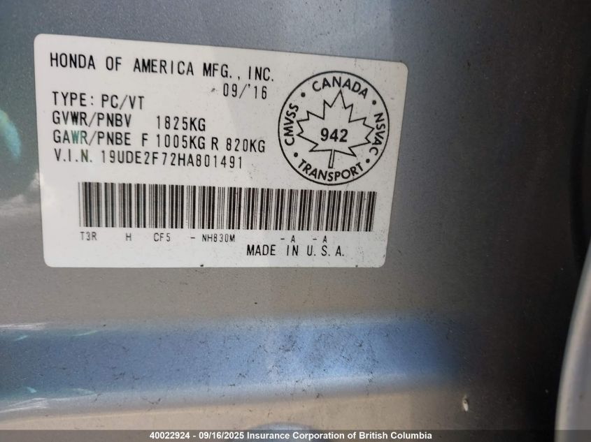 2017 Acura Ilx Premium/Technology VIN: 19UDE2F72HA801491 Lot: 40022924