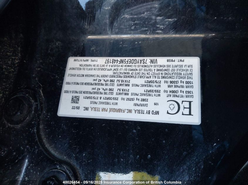 2022 Tesla Model Y VIN: 7SAYGDEF5NF448197 Lot: 40026454