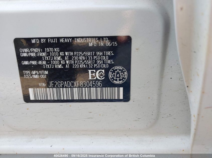 2015 Subaru Xv Crosstrek 2.0 Premium VIN: JF2GPADCXF8304596 Lot: 40026490