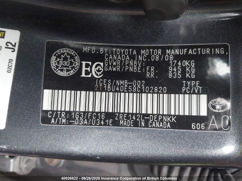 2009 Toyota Corolla S/Le/Xle VIN: 2T1BU40E59C102820 Lot: 40026622