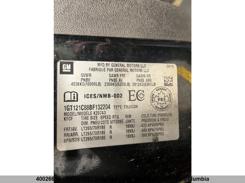 2011 GMC Sierra K2500 Slt VIN: 1GT121C88BF132204 Lot: 40026630