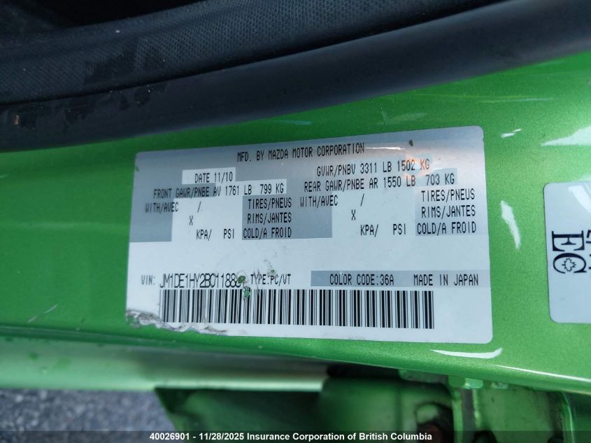 2011 Mazda Mazda2 VIN: JM1DE1HY2B0118881 Lot: 40026901