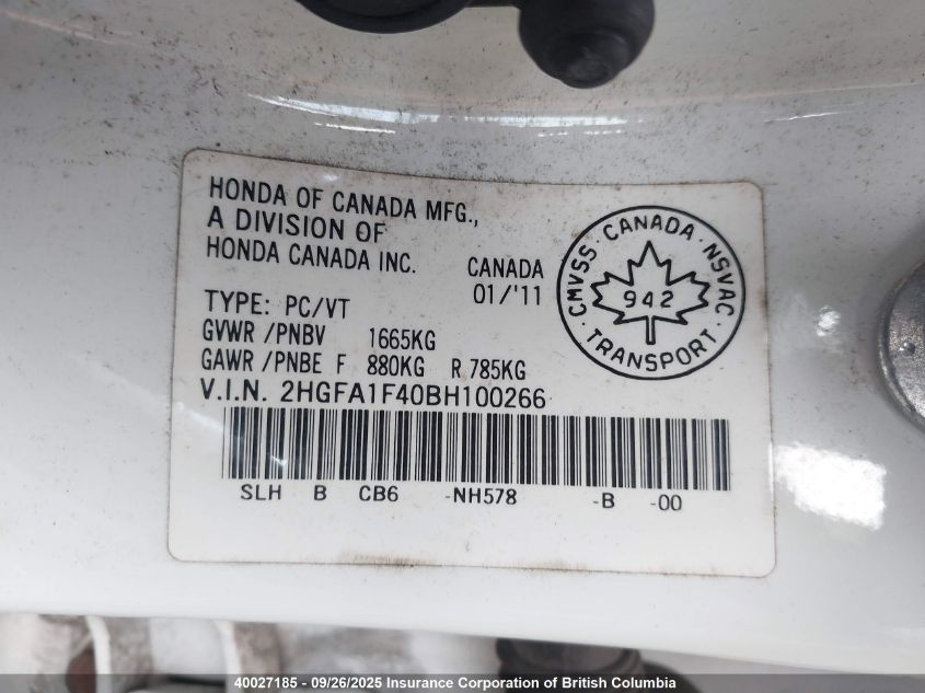 2011 Honda Civic VIN: 2HGFA1F40BH100266 Lot: 40027185