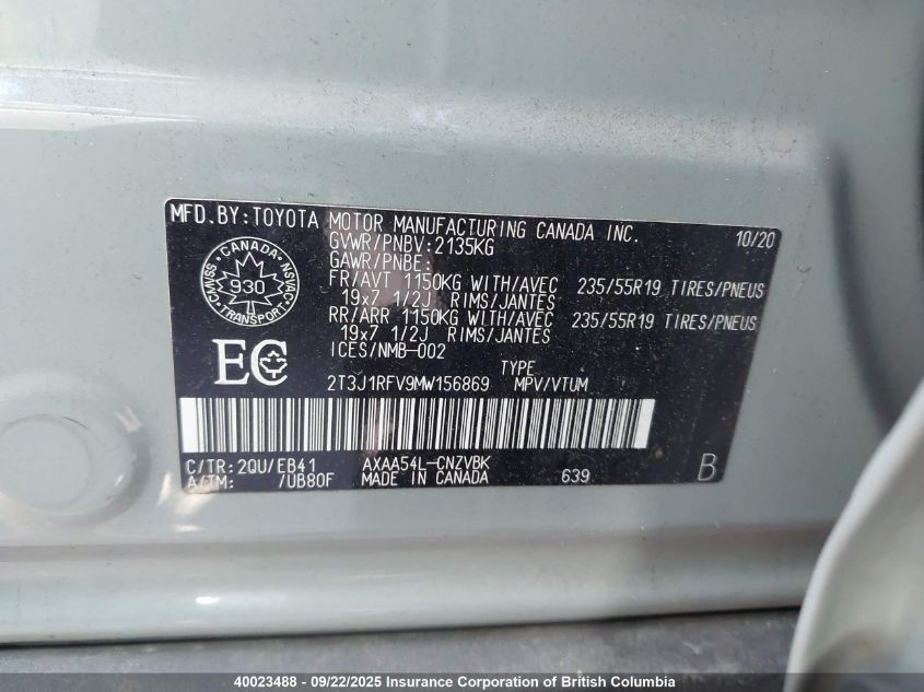 2021 Toyota Rav4 Adventure/Trd Off Road VIN: 2T3J1RFV9MW156869 Lot: 40023488