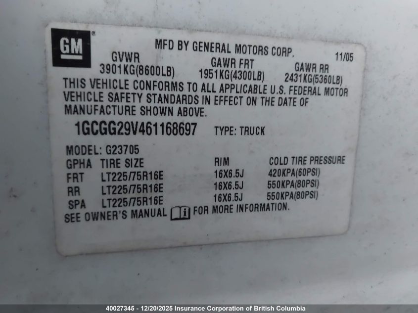 2006 Chevrolet Express Work Van VIN: 1GCGG29V461168697 Lot: 40027345