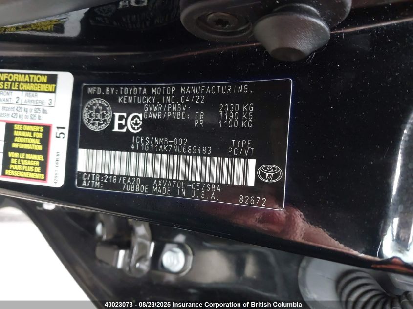 2022 Toyota Camry Se/Se Night Shade VIN: 4T1G11AK7NU689483 Lot: 40023073