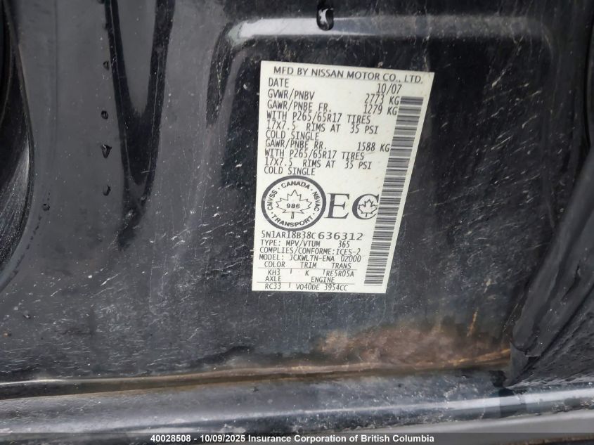 2008 Nissan Pathfinder S/Le/Se VIN: 5N1AR18B38C636312 Lot: 40028508