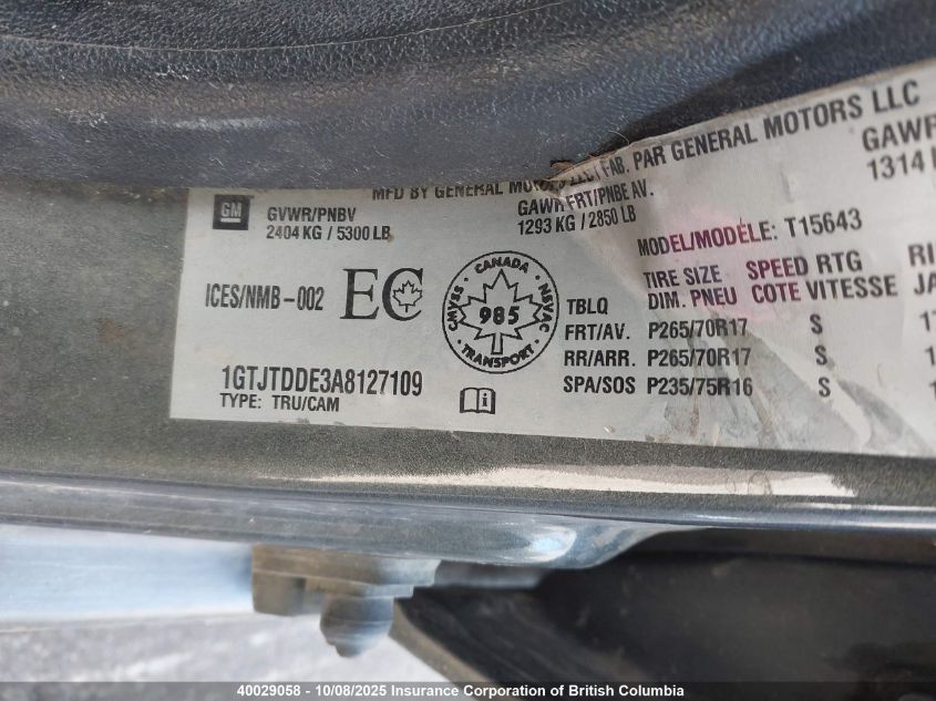 2010 GMC Canyon Sle-2 VIN: 1GTJTDDE3A8127109 Lot: 40029058