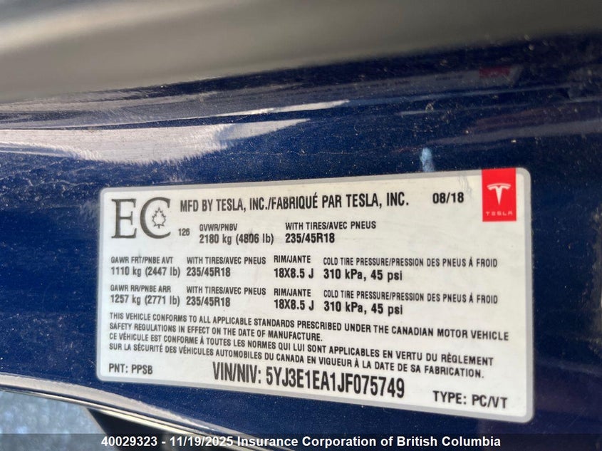 5YJ3E1EA1JF075749 2018 TESLA MODEL 3 photo no. 4