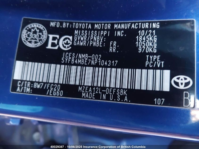 2022 Toyota Corolla Se VIN: 5YFB4MBE7NP104317 Lot: 40029387