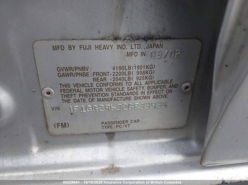 2002 Subaru Impreza Wrx VIN: JF1GG29632G833935 Lot: 40029541