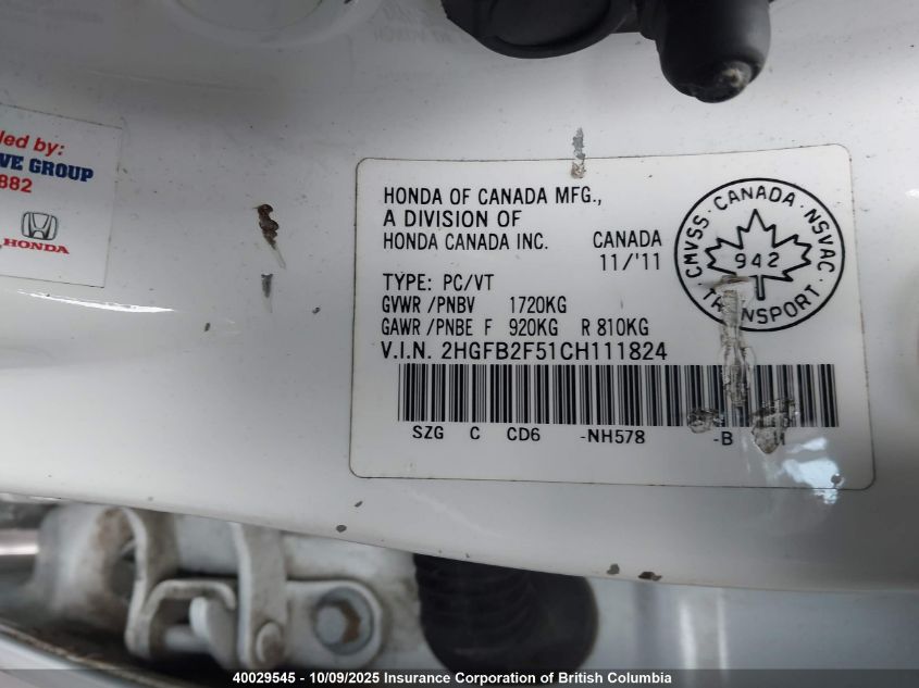 2012 Honda Civic VIN: 2HGFB2F51CH111824 Lot: 40029545