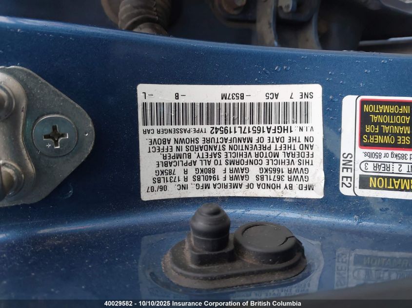 2007 Honda Civic VIN: 1HGFA16517L119542 Lot: 40029582