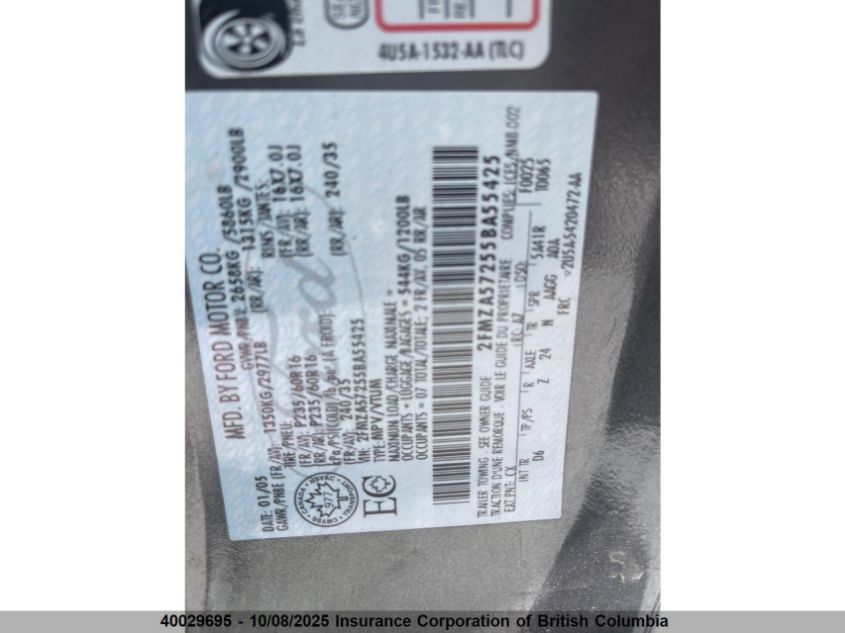 2005 Ford Freestar Ses VIN: 2FMZA57255BA55425 Lot: 40029695