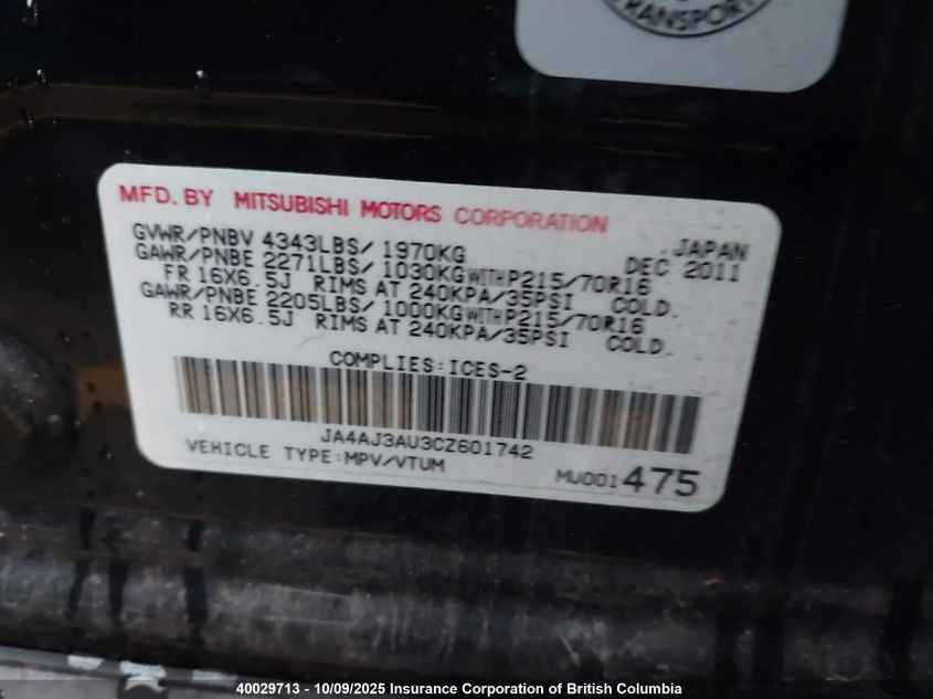 2012 Mitsubishi Rvr VIN: JA4AJ3AU3CZ601742 Lot: 40029713