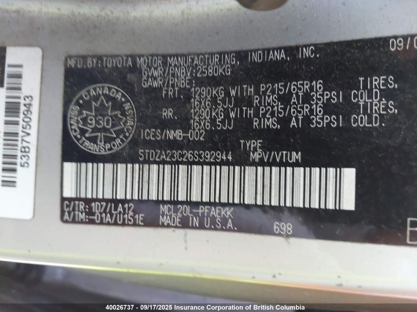 2006 Toyota Sienna Ce/Le VIN: 5TDZA23C26S392944 Lot: 40026737