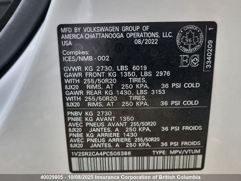 2023 Volkswagen Atlas VIN: 1V2SR2CA4PC506386 Lot: 40029805