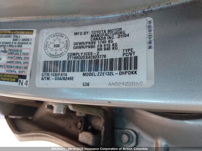 2004 Toyota Corolla Matrix Xr VIN: 2T1KR32EX4C823779 Lot: 40026431