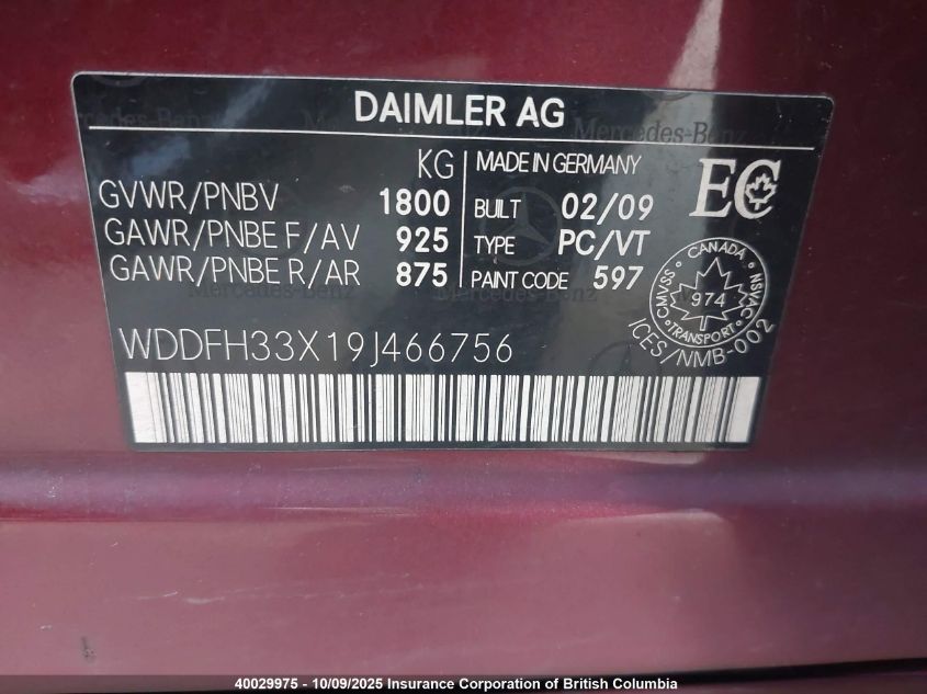 2009 Mercedes-Benz B200 VIN: WDDFH33X19J466756 Lot: 40029975