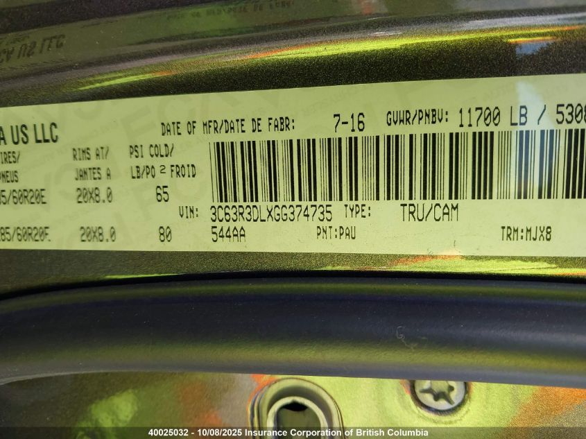 2016 Ram 3500 Slt VIN: 3C63R3DLXGG374735 Lot: 40025032