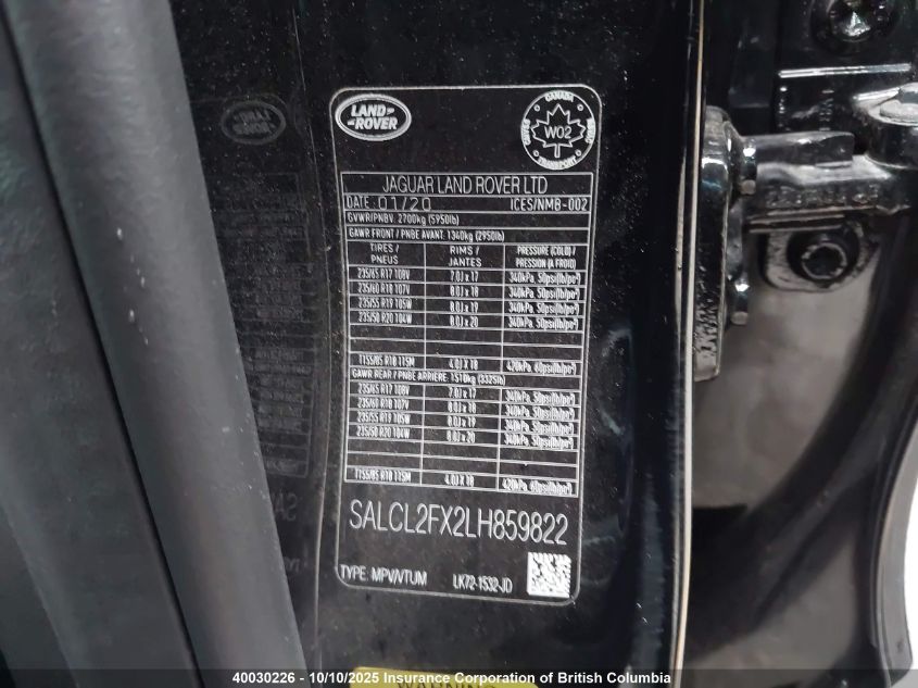 2020 Land Rover Discovery Sport Se R-Dynamic VIN: SALCL2FX2LH859822 Lot: 40030226