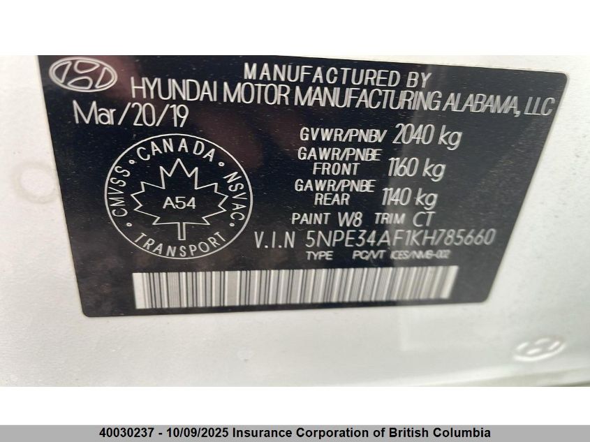 2019 Hyundai Sonata Limited/Sel/Sport VIN: 5NPE34AF1KH785660 Lot: 40030237