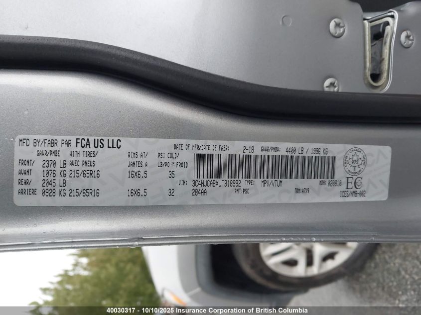 2018 Jeep Compass Sport VIN: 3C4NJCABXJT318992 Lot: 40030317