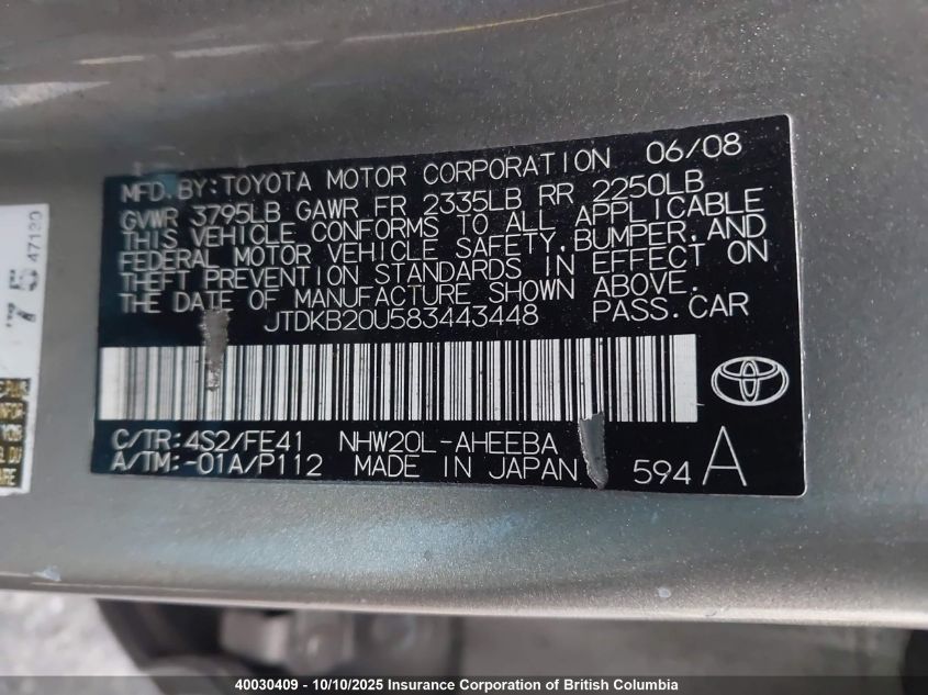 2008 Toyota Prius VIN: JTDKB20U583443448 Lot: 40030409