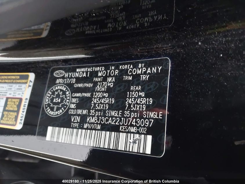 2018 Hyundai Tucson Limited/Sport And Eco/Se VIN: KM8J3CA22JU743097 Lot: 40029180