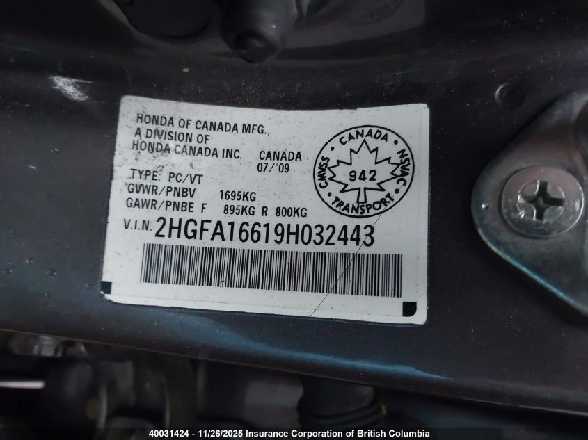2009 Honda Civic VIN: 2HGFA16619H032443 Lot: 40031424