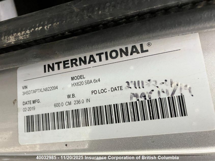 2020 International Hx VIN: 3HSDTAPTXLN822094 Lot: 40032985