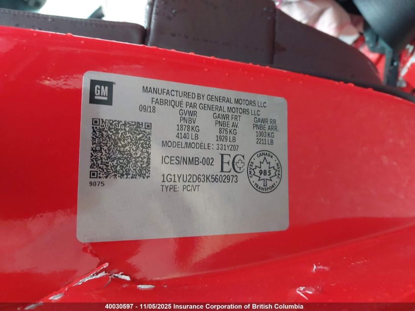 2019 Chevrolet Corvette Z06 3Lz VIN: 1G1YU2D63K5602973 Lot: 40030597