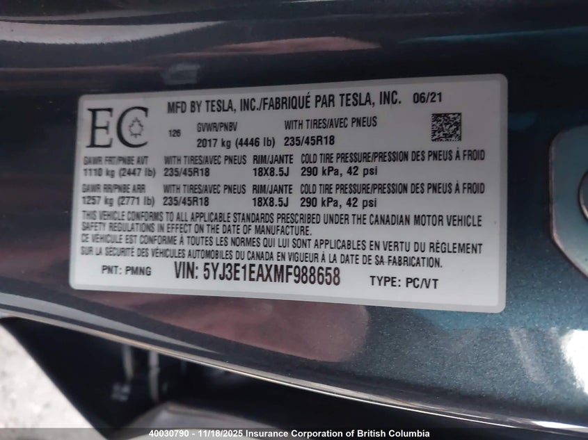 5YJ3E1EAXMF988658 2021 TESLA MODEL 3 photo no. 9