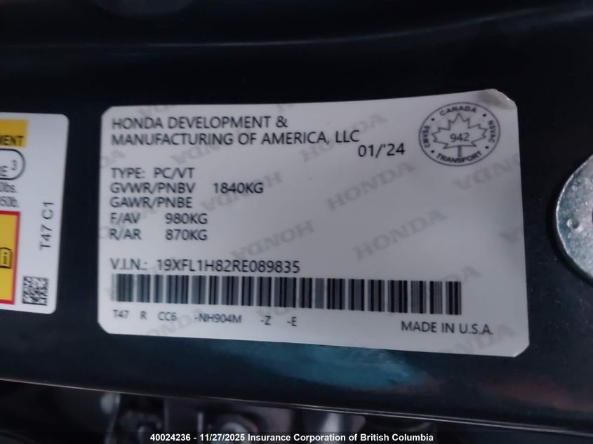 2024 Honda Civic Sport Touring VIN: 19XFL1H86RE401395 Lot: 40024236