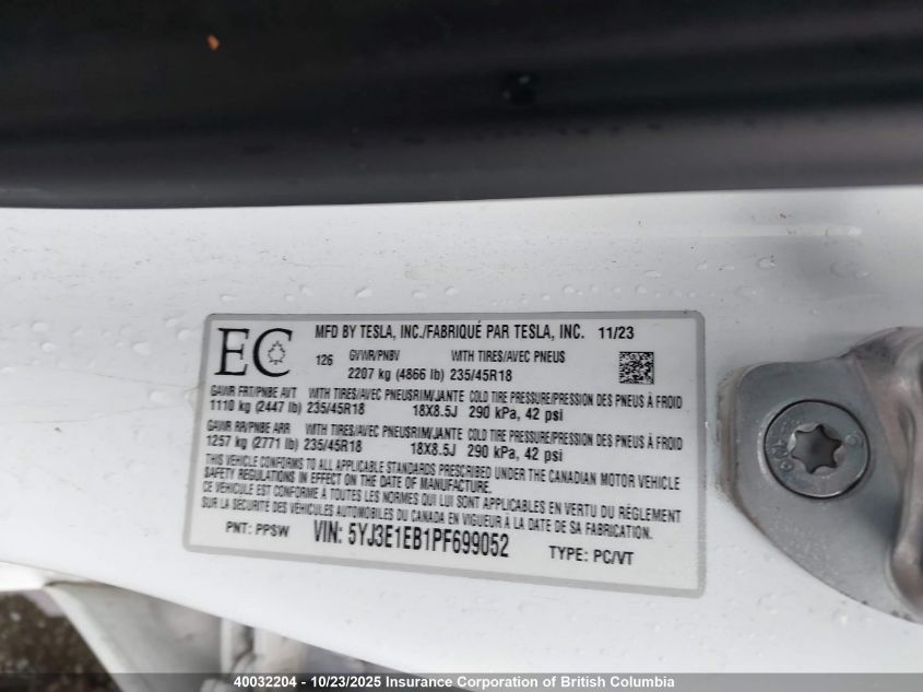 2023 Tesla Model 3 VIN: 5YJ3E1EB1PF699052 Lot: 40032204