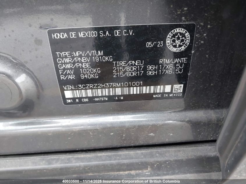 2024 Honda Hr-V VIN: 3CZRZ2H37RM101001 Lot: 40033500