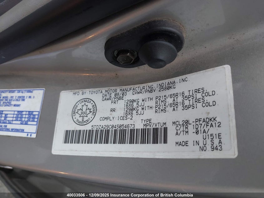 5TDZA29C04S054673 2004 TOYOTA SIENNA photo no. 9