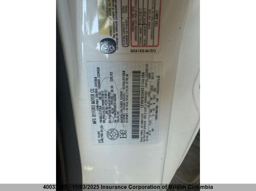 2005 Ford Mustang Gt VIN: 1ZVHT82H055106306 Lot: 40033695