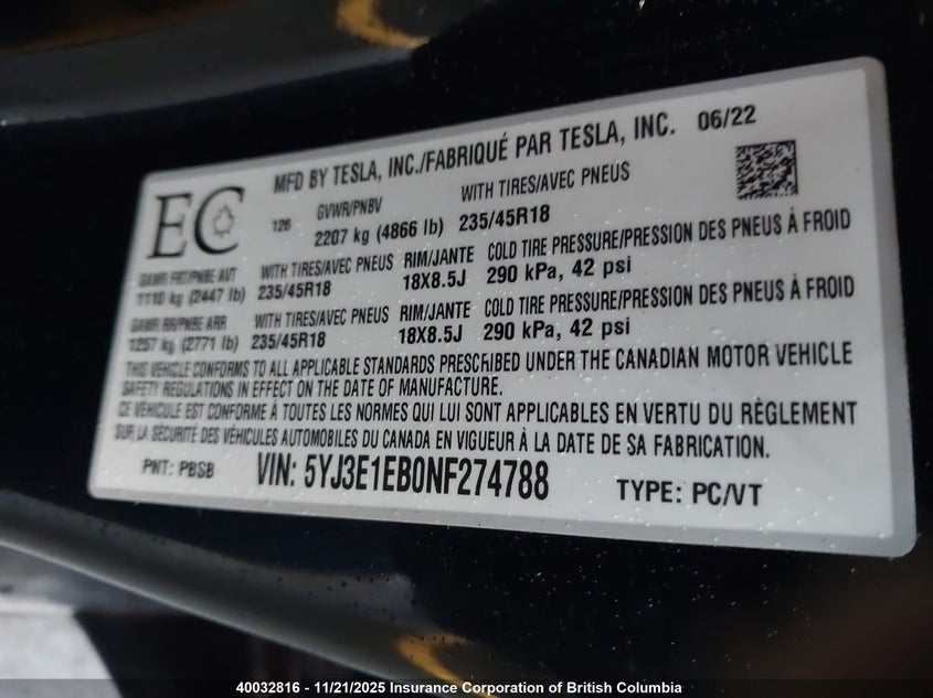5YJ3E1EB0NF274788 2022 TESLA MODEL 3 photo no. 9
