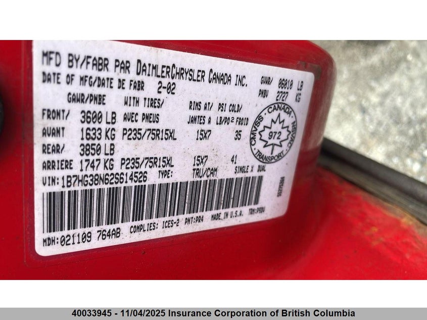 2002 Dodge Dakota Quad Sport/Quad R/T VIN: 1B7HG38N62S614526 Lot: 40033945