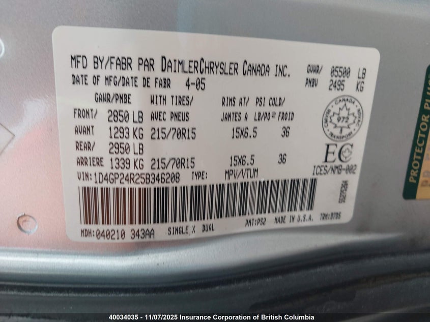 1D4GP24R25B346208 2005 DODGE CARAVAN photo no. 9