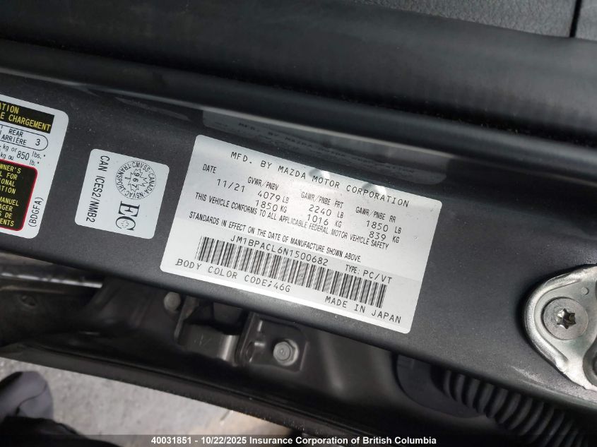 2022 Mazda 3 Preferred VIN: JM1BPACL6N1500682 Lot: 40031851