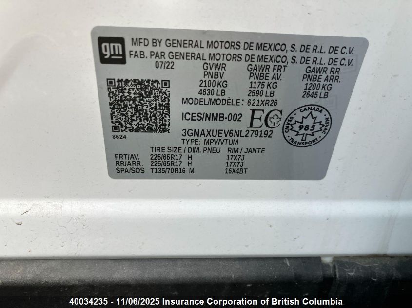 2022 Chevrolet Equinox Lt VIN: 3GNAXUEV6NL279192 Lot: 40034235