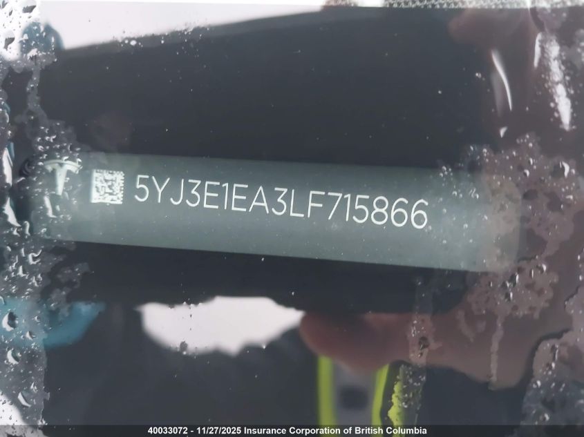 2020 Tesla Model 3 VIN: 5YJ3E1EA3LF715866 Lot: 40033072