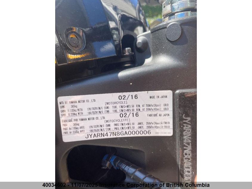 2016 Yamaha Xsr900 60Th Anniversary VIN: JYARN47N8GA000006 Lot: 40034602