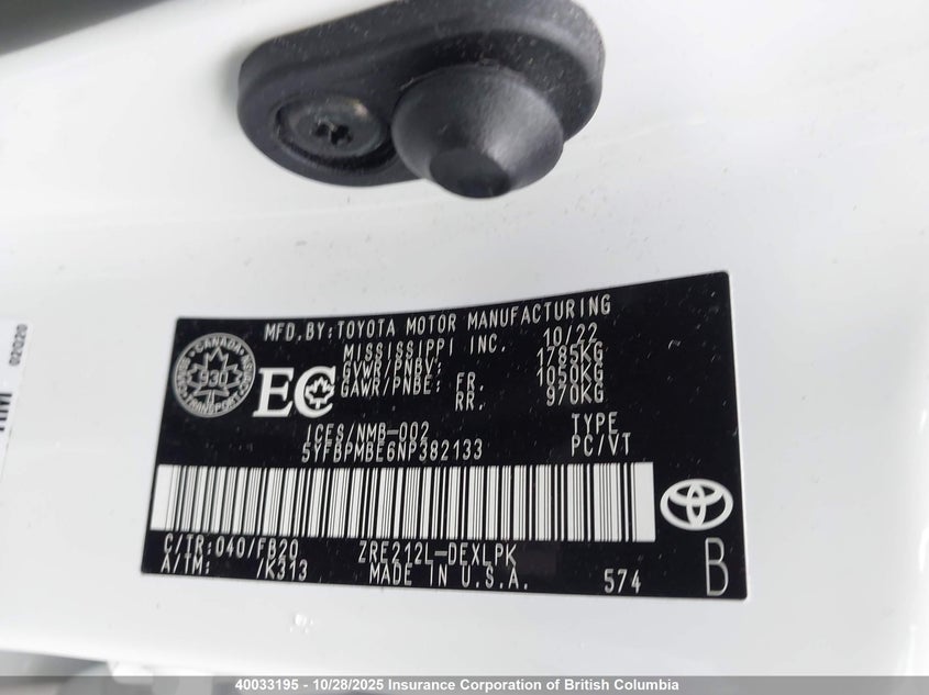2022 Toyota Corolla Le/Xle VIN: 5YFBPMBE6NP382133 Lot: 40033195